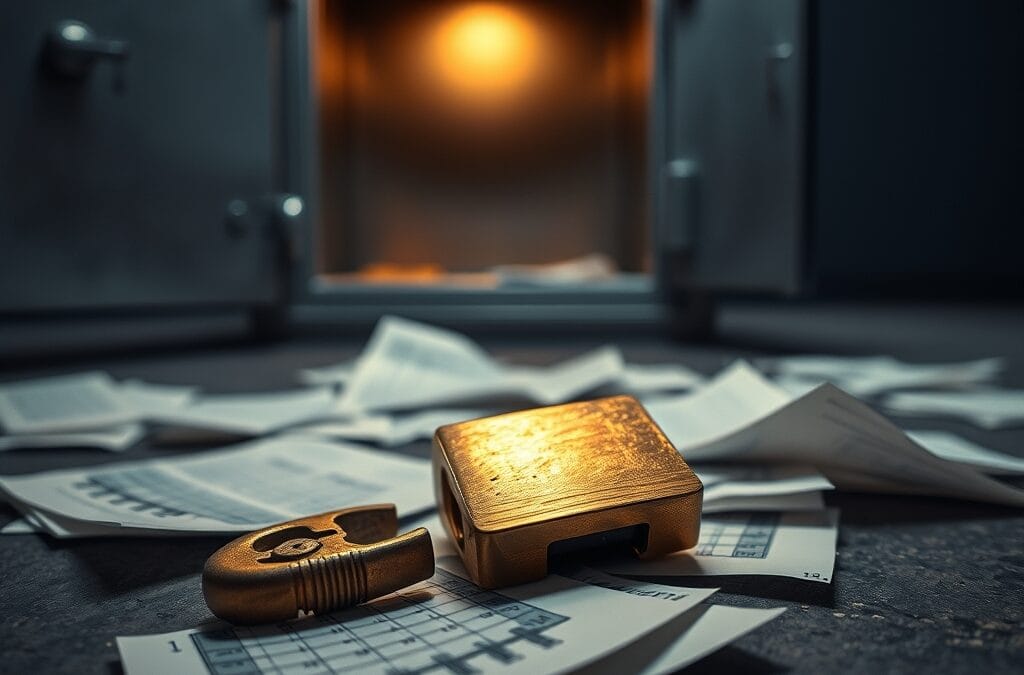Cadenas en laiton casse sur des documents avec coffre-fort ouvert et vide
