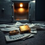 Cadenas en laiton casse sur des documents avec coffre-fort ouvert et vide