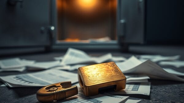 Cadenas en laiton casse sur des documents avec coffre-fort ouvert et vide