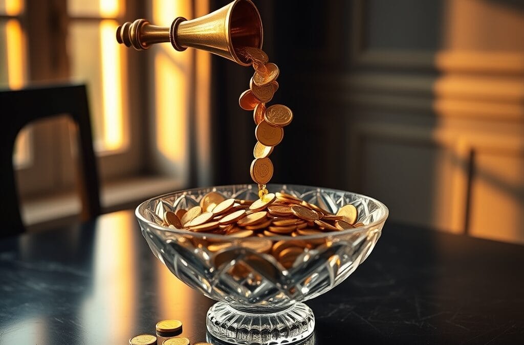 Fontaine de pieces dorees coulant d un entonnoir en laiton dans un bol en cristal