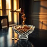 Fontaine de pieces dorees coulant d un entonnoir en laiton dans un bol en cristal