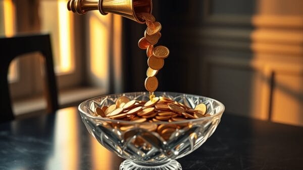 Fontaine de pieces dorees coulant d un entonnoir en laiton dans un bol en cristal