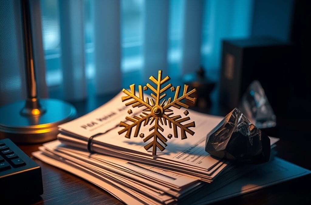 Ornement flocon de neige en laiton sur documents financiers avec cristal de montagne