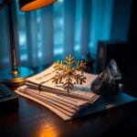 Ornement flocon de neige en laiton sur documents financiers avec cristal de montagne