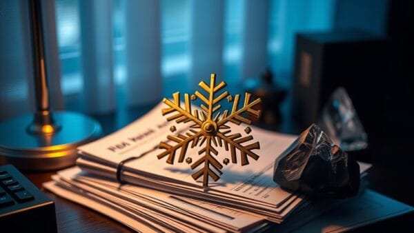 Ornement flocon de neige en laiton sur documents financiers avec cristal de montagne