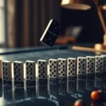 Domino noir renversant une file de dominos argentés sur un bureau en marbre