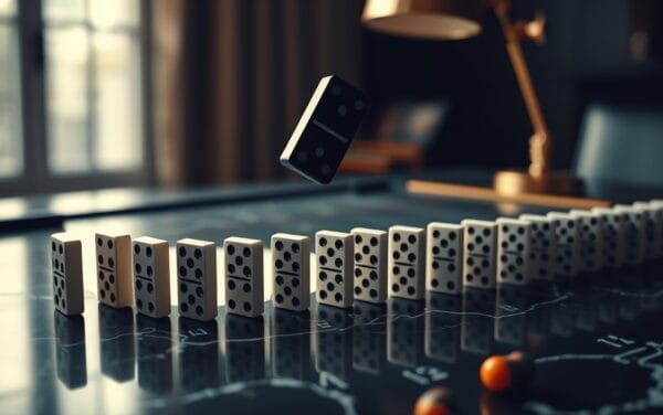 Domino noir renversant une file de dominos argentés sur un bureau en marbre