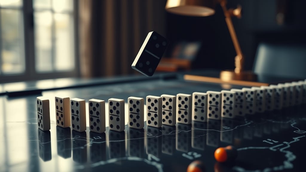 Domino noir renversant une file de dominos argentés sur un bureau en marbre