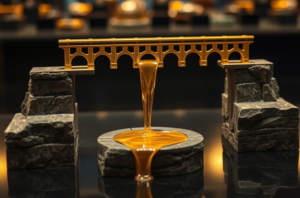 Maquette d aqueduc en laiton transportant du liquide doré entre trois plateformes