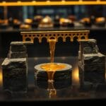 Maquette d aqueduc en laiton transportant du liquide doré entre trois plateformes