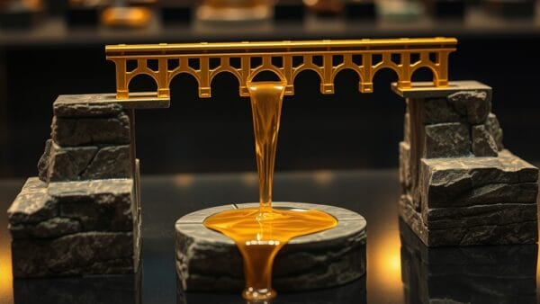 Maquette d aqueduc en laiton transportant du liquide doré entre trois plateformes