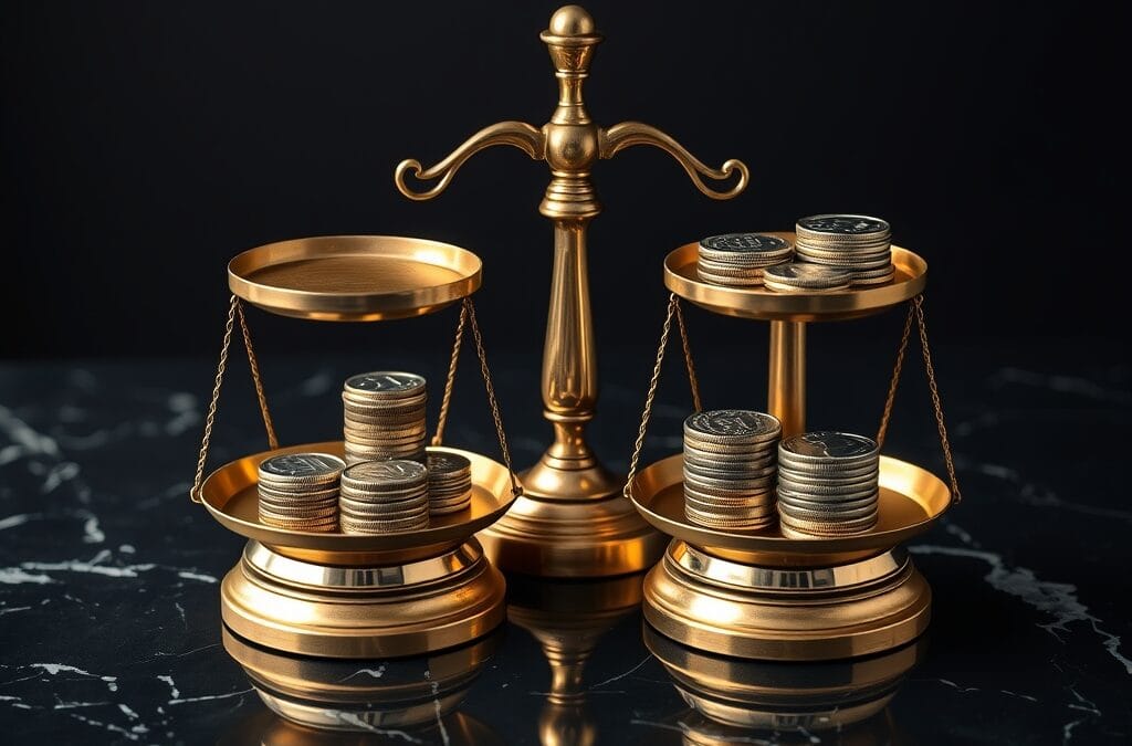 Deux balances en laiton de designs differents cote a cote sur marbre avec pieces