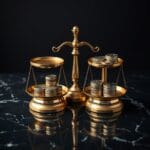 Deux balances en laiton de designs differents cote a cote sur marbre avec pieces