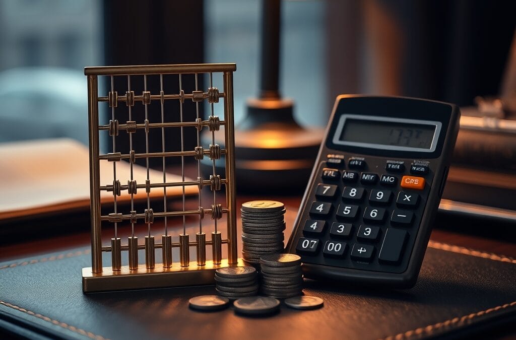 Boulier en laiton et calculatrice cote a cote sur un sous-main en cuir avec pieces