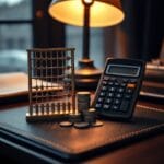 Boulier en laiton et calculatrice cote a cote sur un sous-main en cuir avec pieces