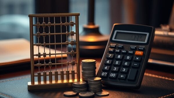 Boulier en laiton et calculatrice cote a cote sur un sous-main en cuir avec pieces