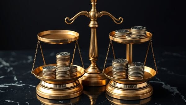 Deux balances en laiton de designs differents cote a cote sur marbre avec pieces