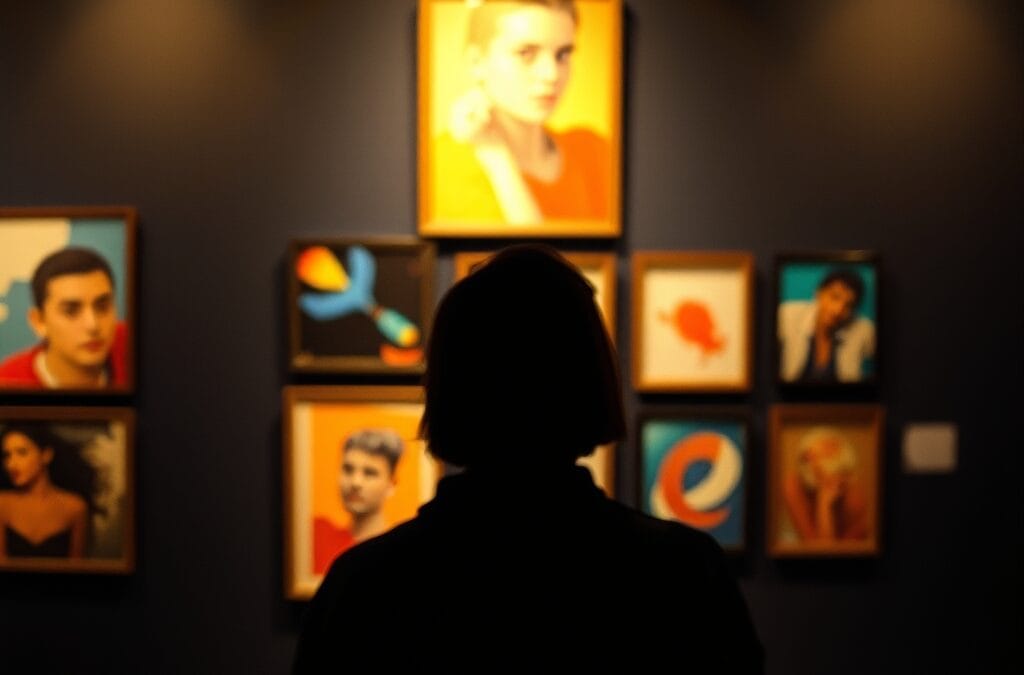 Silhouette d'une personne de dos dans une galerie avec cadres flous