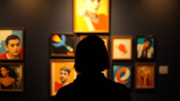 Silhouette d'une personne de dos dans une galerie avec cadres flous