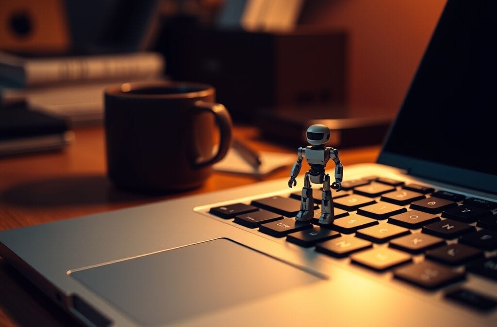 Figurine de robot sur le trackpad d'un laptop, éclairage chaleureux de bureau.