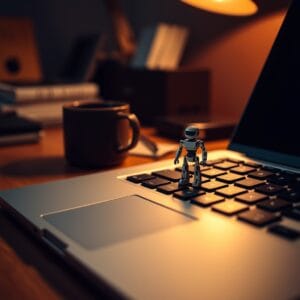Figurine de robot sur le trackpad d'un laptop, éclairage chaleureux de bureau.