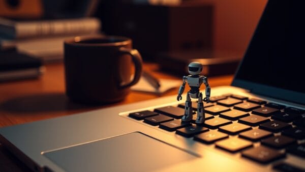 Figurine de robot sur le trackpad d'un laptop, éclairage chaleureux de bureau.