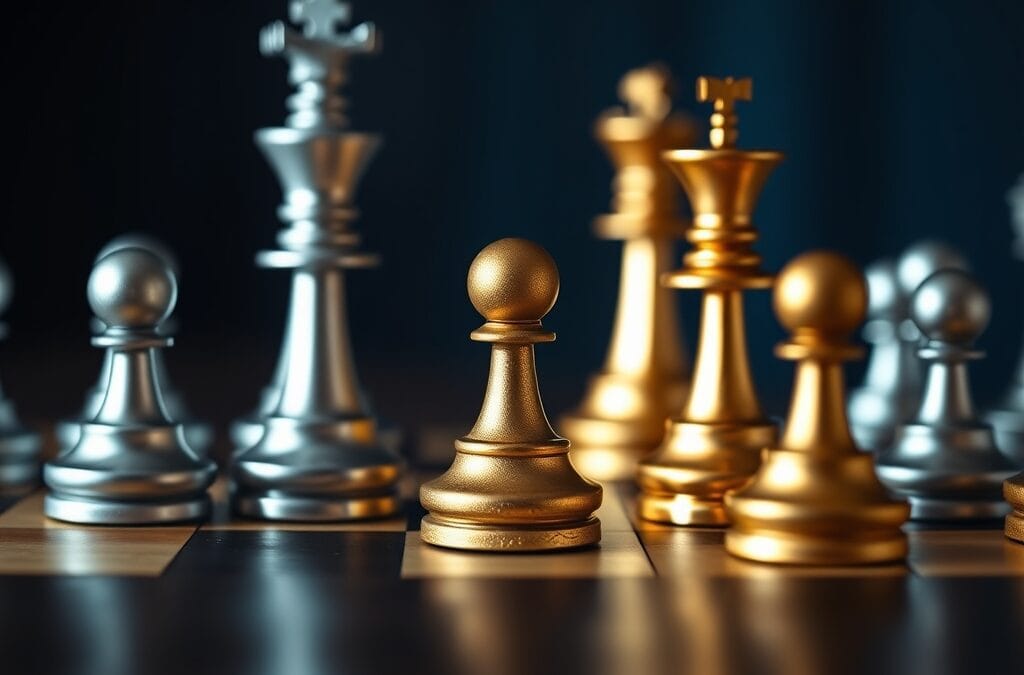 Échiquier avec pièces argentées et dorées vu en contre-plongée