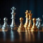 Échiquier avec pièces argentées et dorées vu en contre-plongée