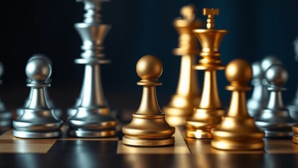 Échiquier avec pièces argentées et dorées vu en contre-plongée