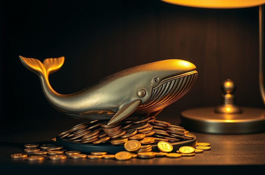 Figurine de baleine en laiton sur un tas de pieces d or sur etagere en bois sombre