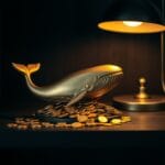 Figurine de baleine en laiton sur un tas de pieces d or sur etagere en bois sombre