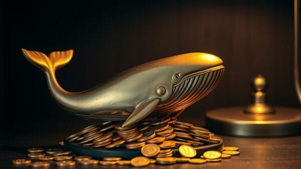 Figurine de baleine en laiton sur un tas de pieces d or sur etagere en bois sombre