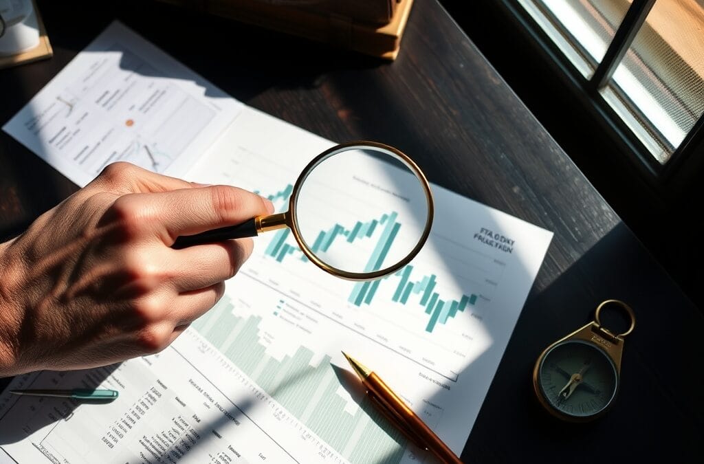 Main tenant une loupe au-dessus d un graphique financier imprime sur un bureau sombre