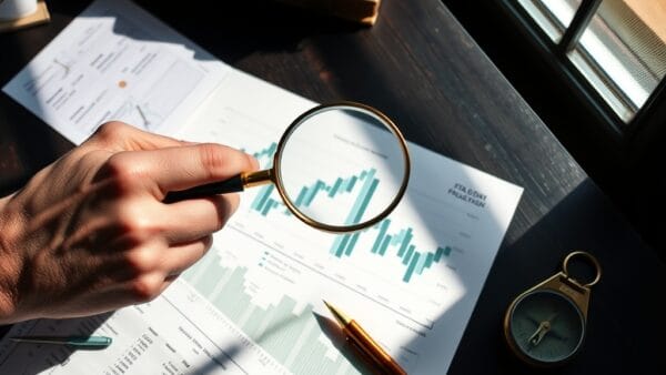 Main tenant une loupe au-dessus d un graphique financier imprime sur un bureau sombre