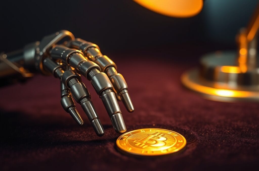 Main robotique en métal argenté tendant vers une pièce dorée sur velours sombre