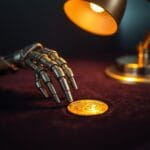 Main robotique en métal argenté tendant vers une pièce dorée sur velours sombre