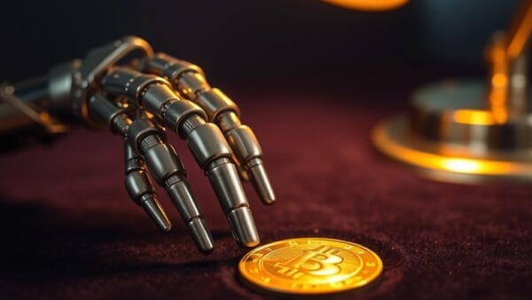 Main robotique en métal argenté tendant vers une pièce dorée sur velours sombre