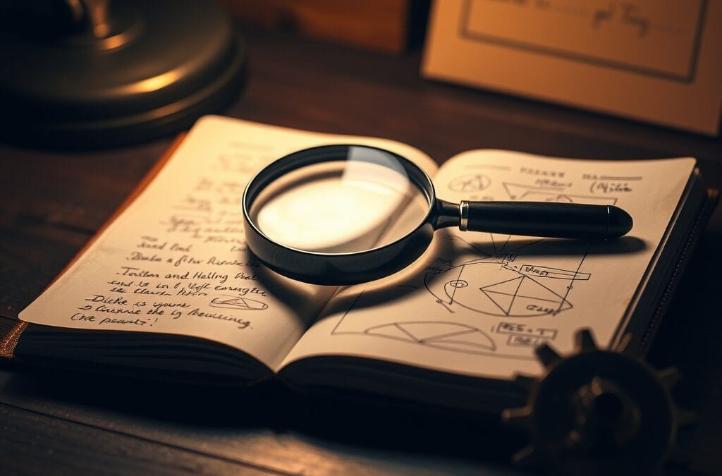 Loupe posée sur un carnet en cuir à côté d'un engrenage mécanique sous lampe chaude