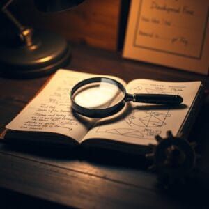 Loupe posée sur un carnet en cuir à côté d'un engrenage mécanique sous lampe chaude