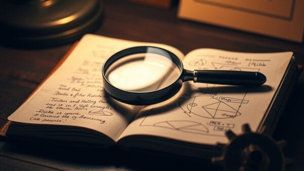 Loupe posée sur un carnet en cuir à côté d'un engrenage mécanique sous lampe chaude