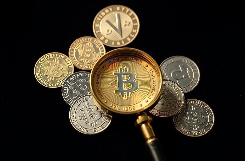 Sept pieces de metal differentes disposees en eventail sur velours sombre avec loupe