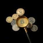 Sept pieces de metal differentes disposees en eventail sur velours sombre avec loupe