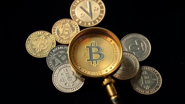 Sept pieces de metal differentes disposees en eventail sur velours sombre avec loupe