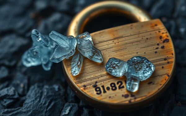 Cadenas de laiton partiellement gelé sur ardoise sombre, métaphore du gel des bitcoins