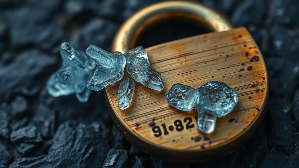 Cadenas de laiton partiellement gelé sur ardoise sombre, métaphore du gel des bitcoins