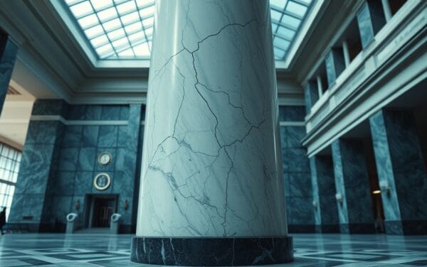 Colonne de marbre fissurée dans un grand hall institutionnel