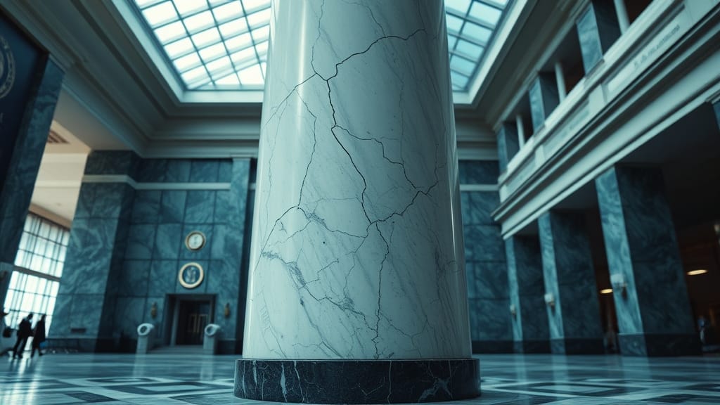 Colonne de marbre fissurée dans un grand hall institutionnel
