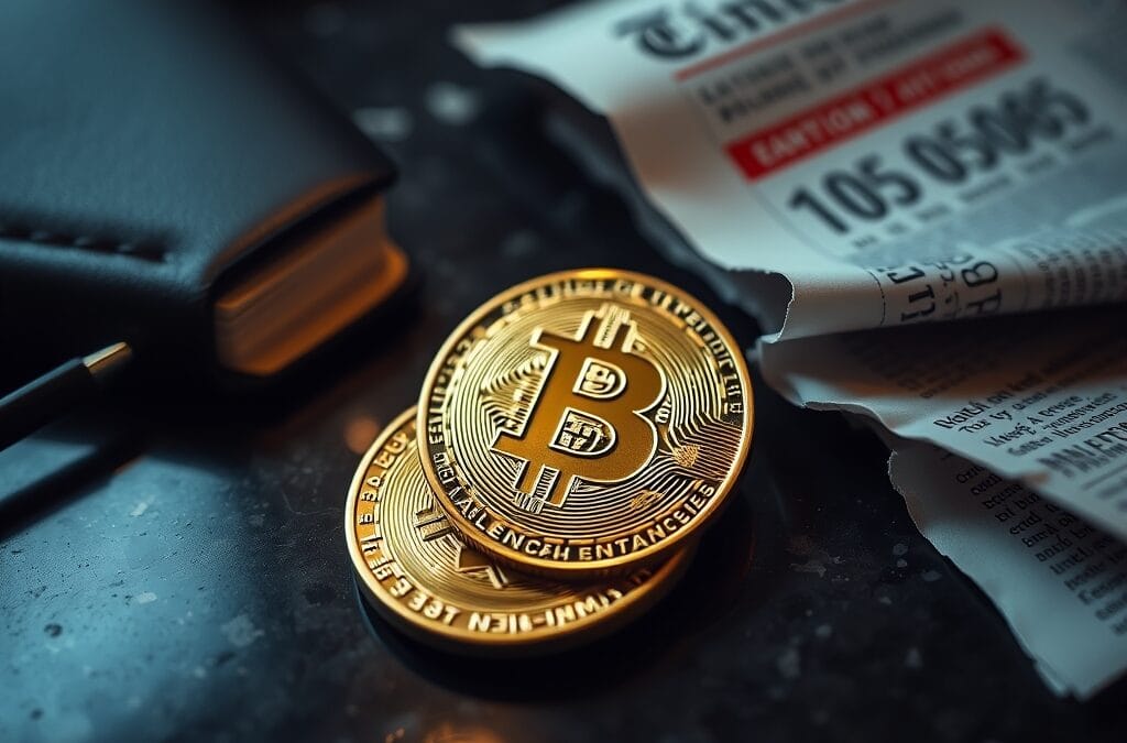 Pièce dorée de type Bitcoin posée sur un bureau sombre aux côtés d'un carnet et de journaux financiers