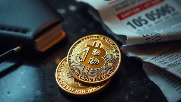 Pièce dorée de type Bitcoin posée sur un bureau sombre aux côtés d'un carnet et de journaux financiers