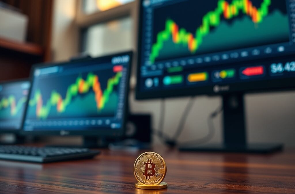 Pièce dorée verticale sur un bureau de trading sombre avec écrans flous en arrière-plan